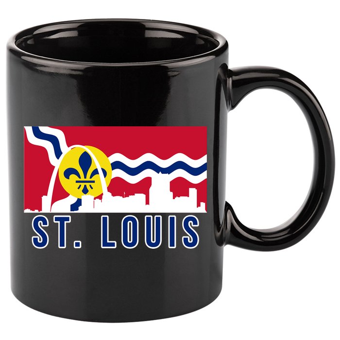 St. Louis City Skyline On St. Louis Fleur De Lis Flag 11oz C Handle Ceramic Mug