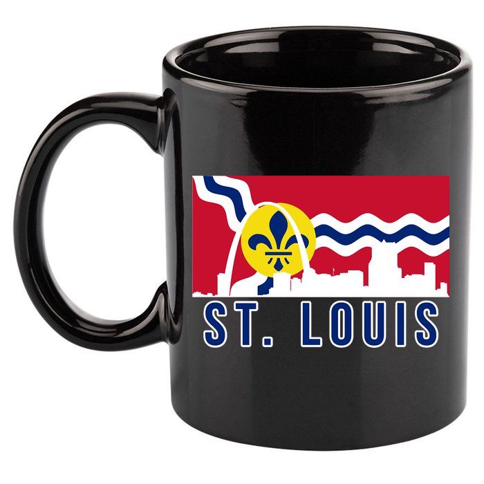 St. Louis City Skyline On St. Louis Fleur De Lis Flag 11oz C Handle Ceramic Mug