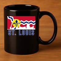 St. Louis City Skyline On St. Louis Fleur De Lis Flag 11oz C Handle Ceramic Mug