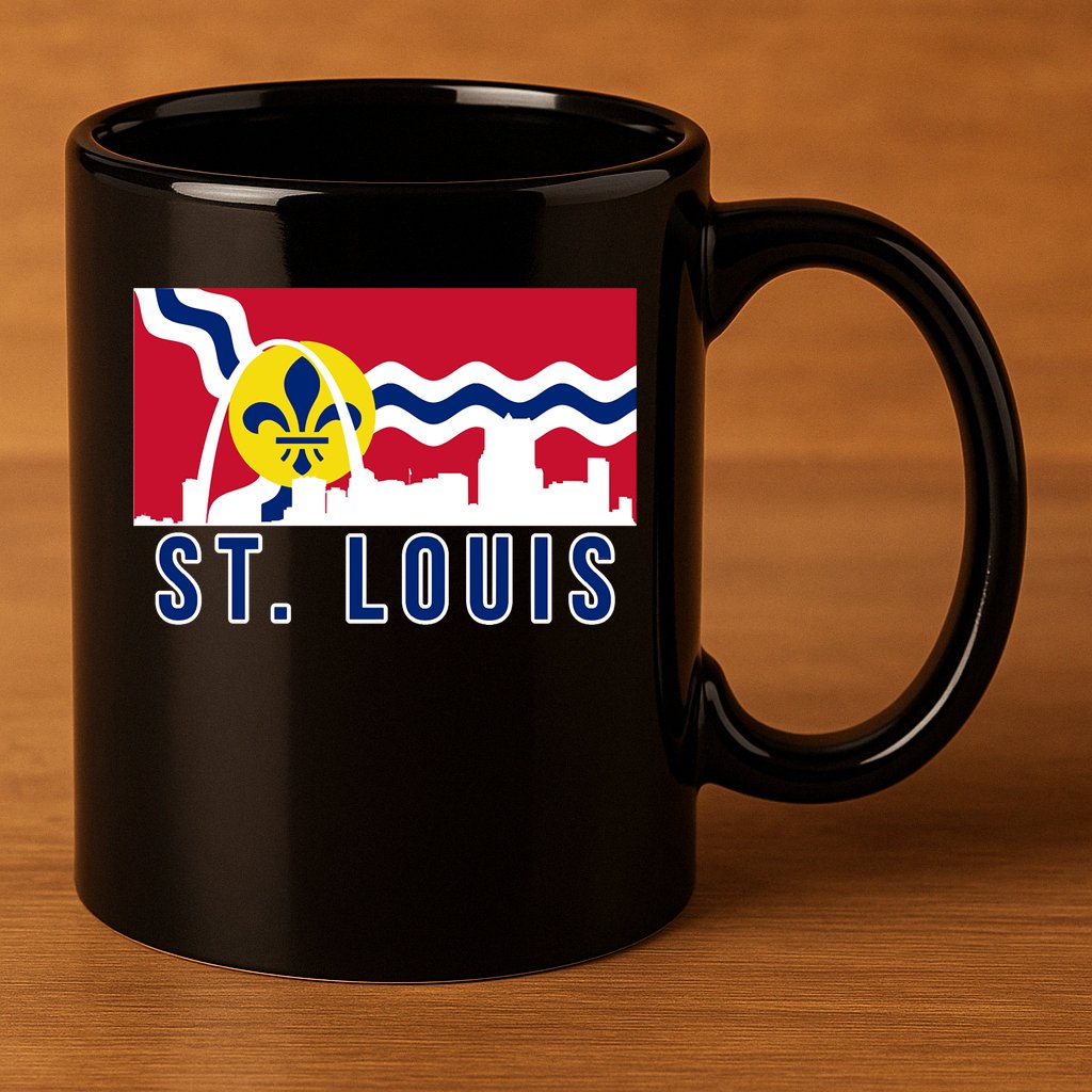 St. Louis City Skyline On St. Louis Fleur De Lis Flag 11oz C Handle Ceramic Mug