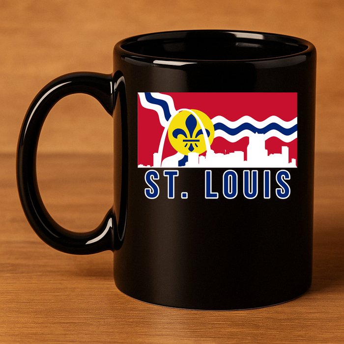 St. Louis City Skyline On St. Louis Fleur De Lis Flag 11oz C Handle Ceramic Mug