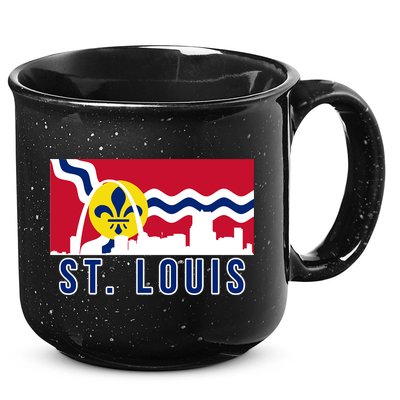 St. Louis City Skyline On St. Louis Fleur De Lis Flag 15oz Campfire Ceramic Mug