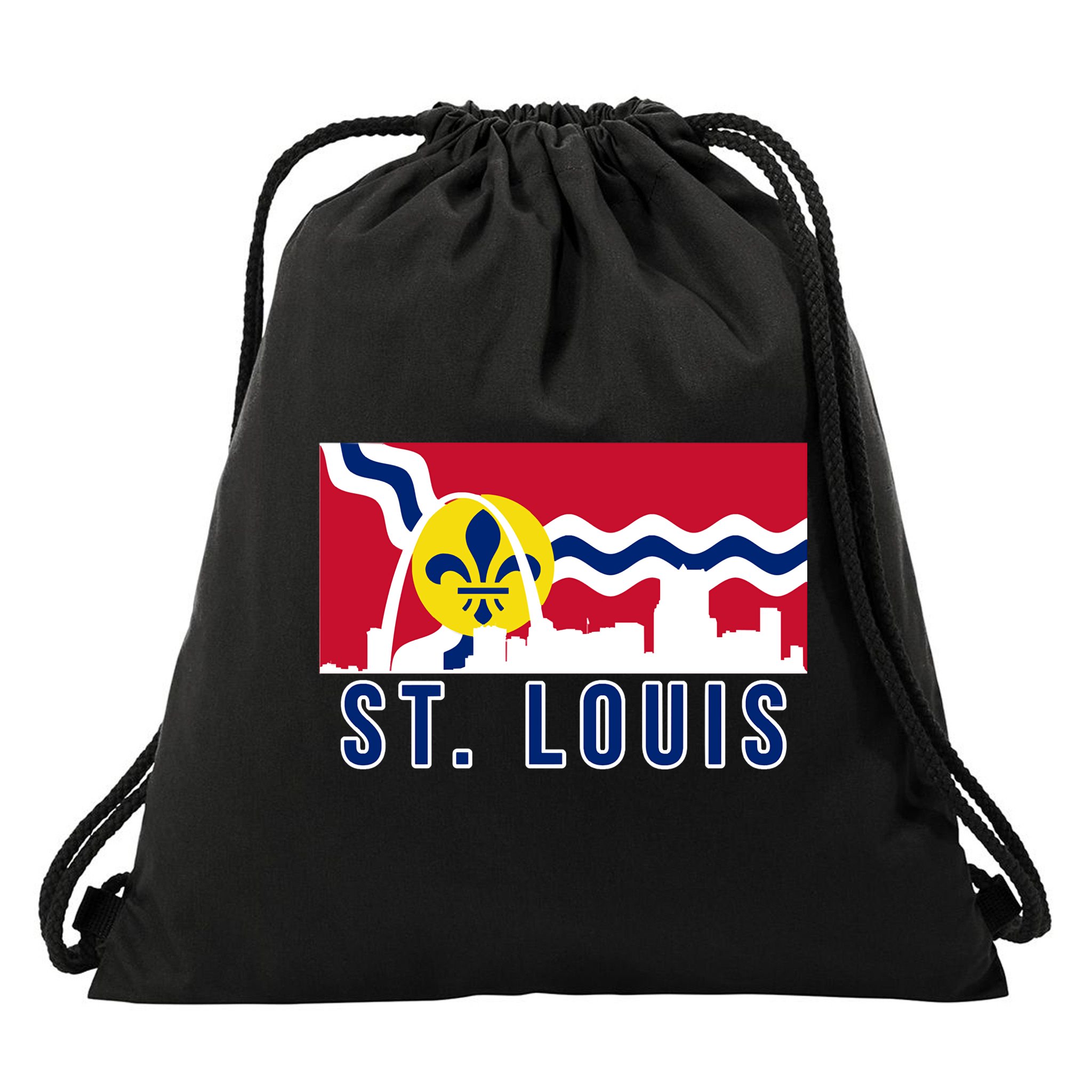 St. Louis City Skyline On St. Louis Fleur De Lis Flag Drawstring Bag