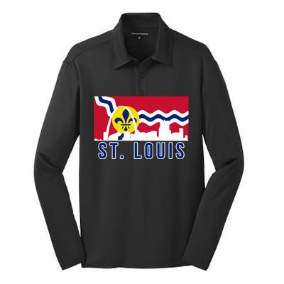 St. Louis City Skyline On St. Louis Fleur De Lis Flag Silk Touch Performance Long Sleeve Polo