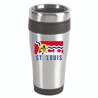 St. Louis City Skyline On St. Louis Fleur De Lis Flag 16oz Travel Tumbler