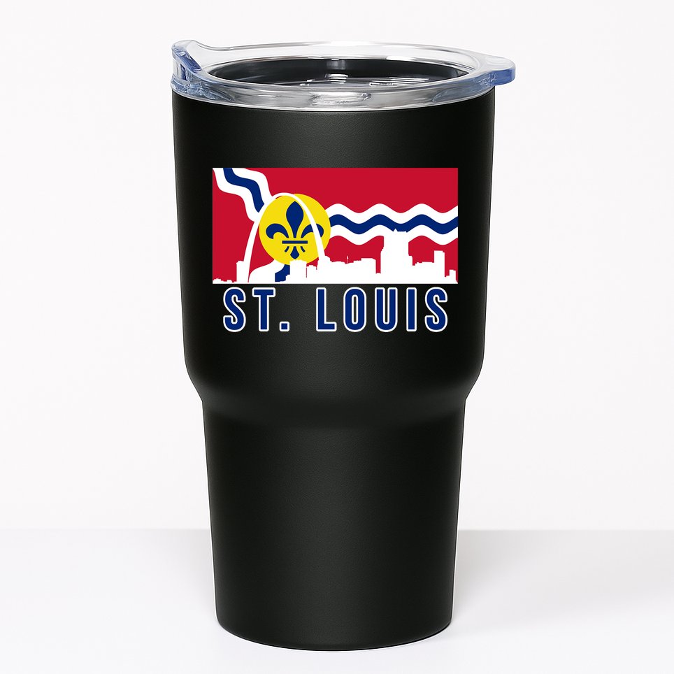 St. Louis City Skyline On St. Louis Fleur De Lis Flag Tumbler
