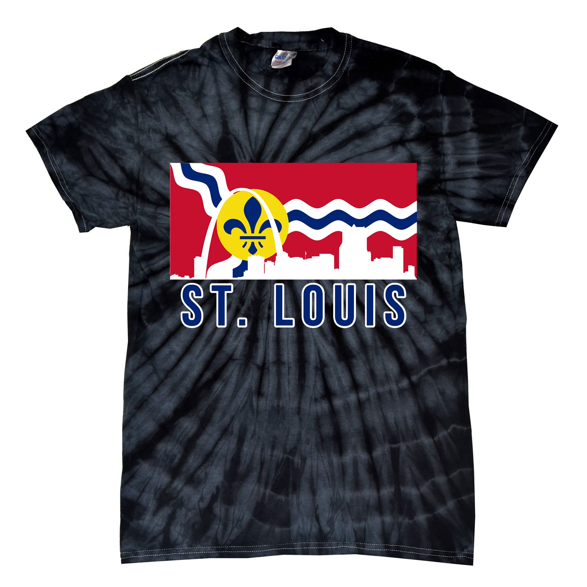 St. Louis City Skyline On St. Louis Fleur De Lis Flag Tie-Dye T-Shirt