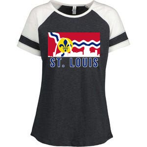 St. Louis City Skyline On St. Louis Fleur De Lis Flag Enza Ladies Jersey Colorblock Tee