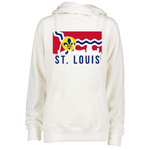 St. Louis City Skyline On St. Louis Fleur De Lis Flag Womens Funnel Neck Pullover Hood