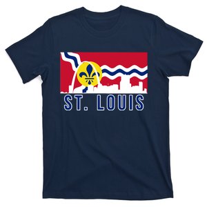 St. Louis City Skyline On St. Louis Fleur De Lis Flag T-Shirt