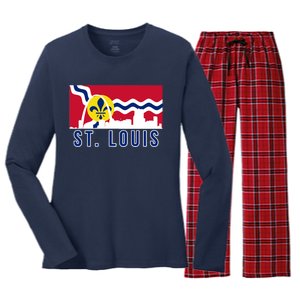 St. Louis City Skyline On St. Louis Fleur De Lis Flag Women's Long Sleeve Flannel Pajama Set 