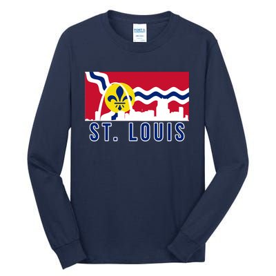 St. Louis City Skyline On St. Louis Fleur De Lis Flag Tall Long Sleeve T-Shirt