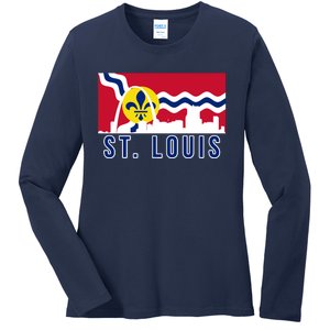 St. Louis City Skyline On St. Louis Fleur De Lis Flag Ladies Long Sleeve Shirt