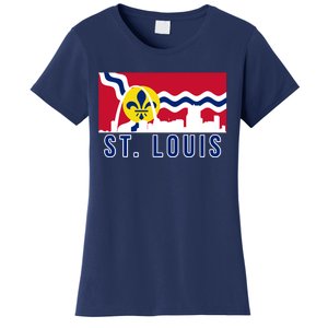 St. Louis City Skyline On St. Louis Fleur De Lis Flag Women's T-Shirt