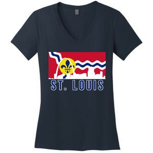 St. Louis City Skyline On St. Louis Fleur De Lis Flag Women's V-Neck T-Shirt