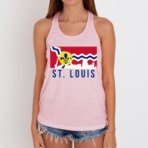 St. Louis City Skyline On St. Louis Fleur De Lis Flag Women's Knotted Racerback Tank