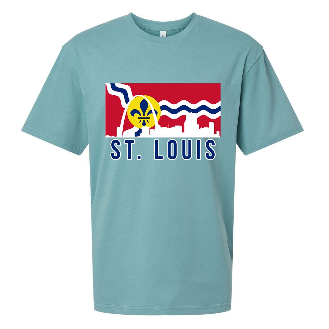 St. Louis City Skyline On St. Louis Fleur De Lis Flag Sueded Cloud Jersey T-Shirt