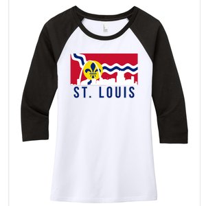 St. Louis City Skyline On St. Louis Fleur De Lis Flag Women's Tri-Blend 3/4-Sleeve Raglan Shirt