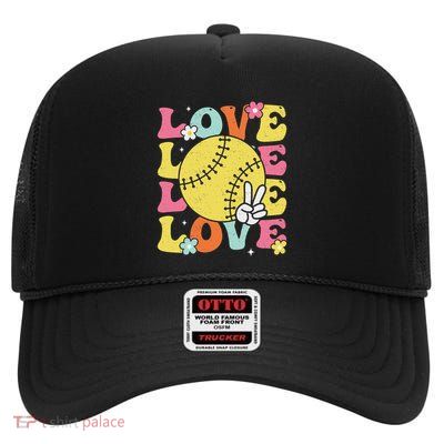 Softball Love Cute Softball High Crown Mesh Back Trucker Hat
