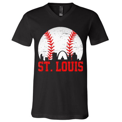St Louis Cityscape Vintage Baseball Men Women V-Neck T-Shirt