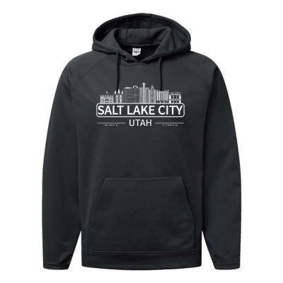 Salt Lake City Utah Skyline Travel To Salt Lake City Performance Fleece Hoodie