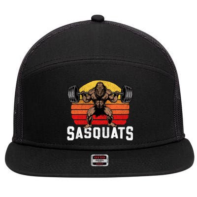 Sasquats Leg Day Weightlifting Bigfoot Squat Distressed 80s 7 Panel Mesh Trucker Snapback Hat