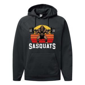 Sasquats Leg Day Weightlifting Bigfoot Squat Distressed 80s Performance Fleece Hoodie