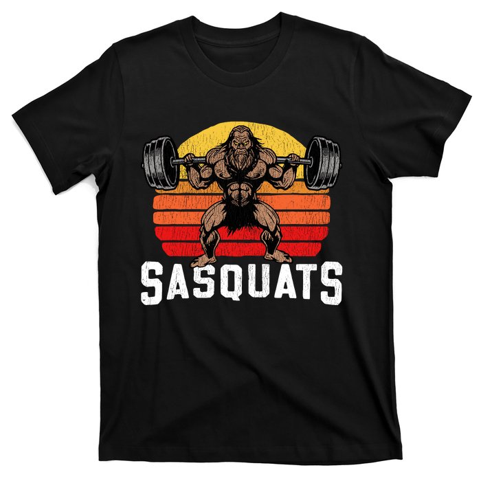 Sasquats Leg Day Weightlifting Bigfoot Squat Distressed 80s T-Shirt