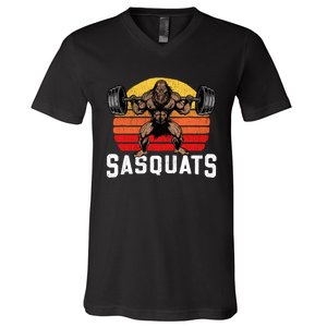 Sasquats Leg Day Weightlifting Bigfoot Squat Distressed 80s V-Neck T-Shirt