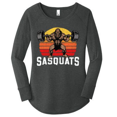 Sasquats Leg Day Weightlifting Bigfoot Squat Distressed 80s Women's Perfect Tri Tunic Long Sleeve Shirt