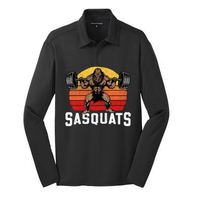 Sasquats Leg Day Weightlifting Bigfoot Squat Distressed 80s Silk Touch Performance Long Sleeve Polo