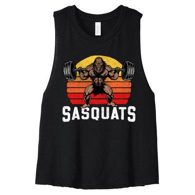 Sasquats Leg Day Weightlifting Bigfoot Squat Distressed 80s Women's Racerback Cropped Tank