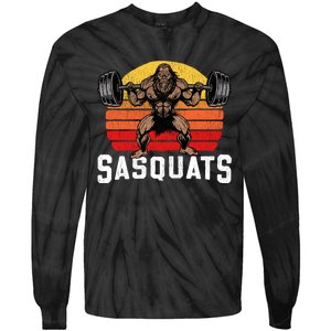 Sasquats Leg Day Weightlifting Bigfoot Squat Distressed 80s Tie-Dye Long Sleeve Shirt