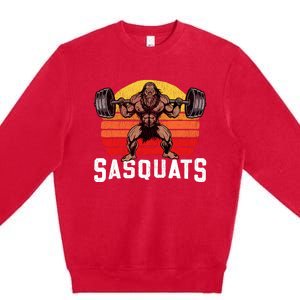 Sasquats Leg Day Weightlifting Bigfoot Squat Distressed 80s Premium Crewneck Sweatshirt