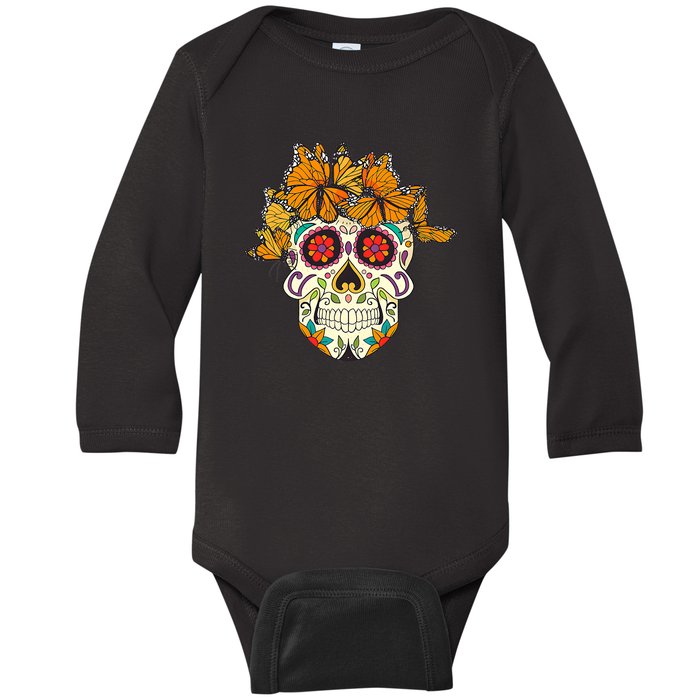 Skull Lover Dia De Los Muertos Monarch Butterfly Sugar Baby Long Sleeve Bodysuit