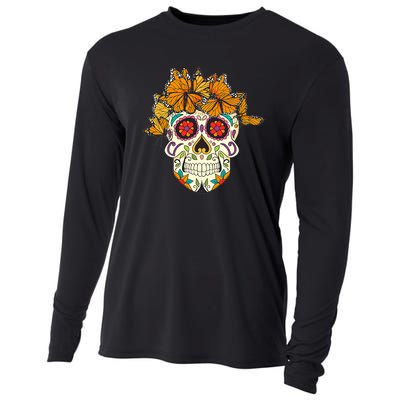 Skull Lover Dia De Los Muertos Monarch Butterfly Sugar Cooling Performance Long Sleeve Crew