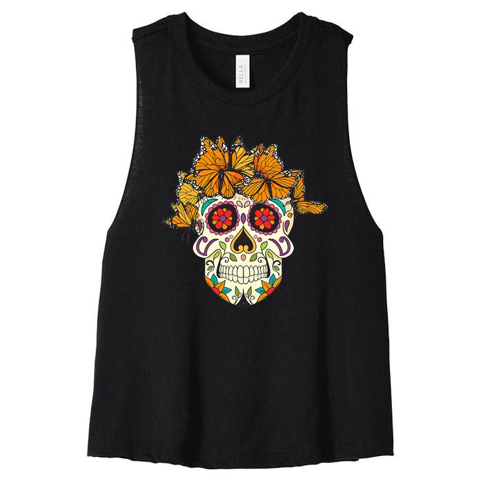 Skull Lover Dia De Los Muertos Monarch Butterfly Sugar Women's Racerback Cropped Tank