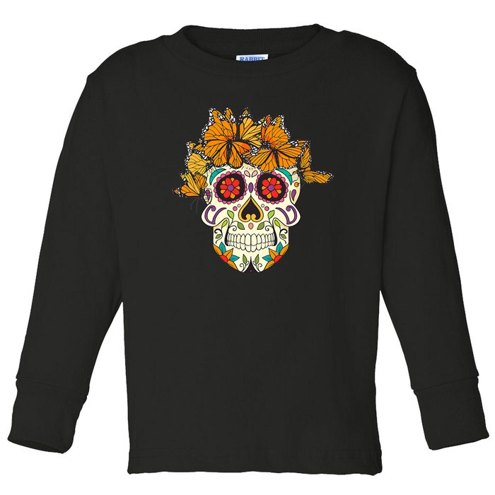 Skull Lover Dia De Los Muertos Monarch Butterfly Sugar Toddler Long Sleeve Shirt