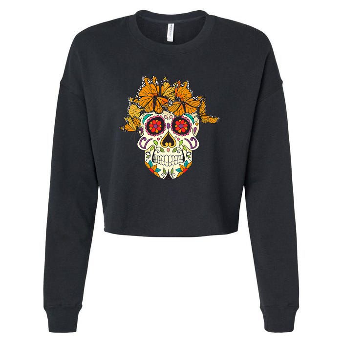 Skull Lover Dia De Los Muertos Monarch Butterfly Sugar Cropped Pullover Crew