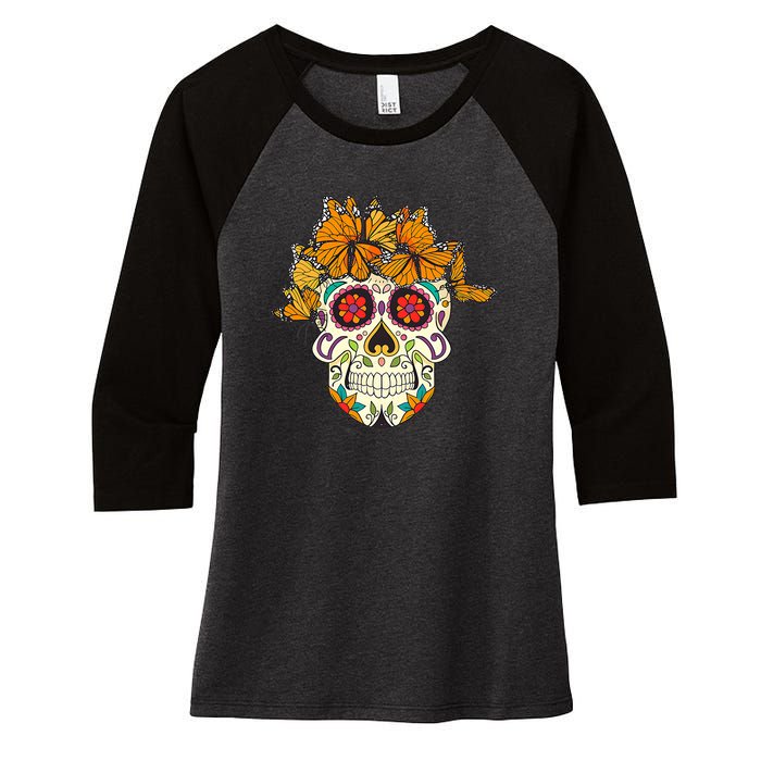 Skull Lover Dia De Los Muertos Monarch Butterfly Sugar Women's Tri-Blend 3/4-Sleeve Raglan Shirt