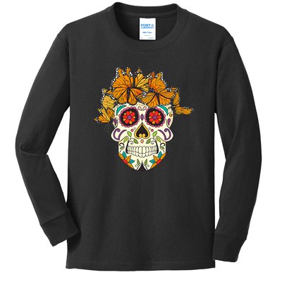 Skull Lover Dia De Los Muertos Monarch Butterfly Sugar Kids Long Sleeve Shirt