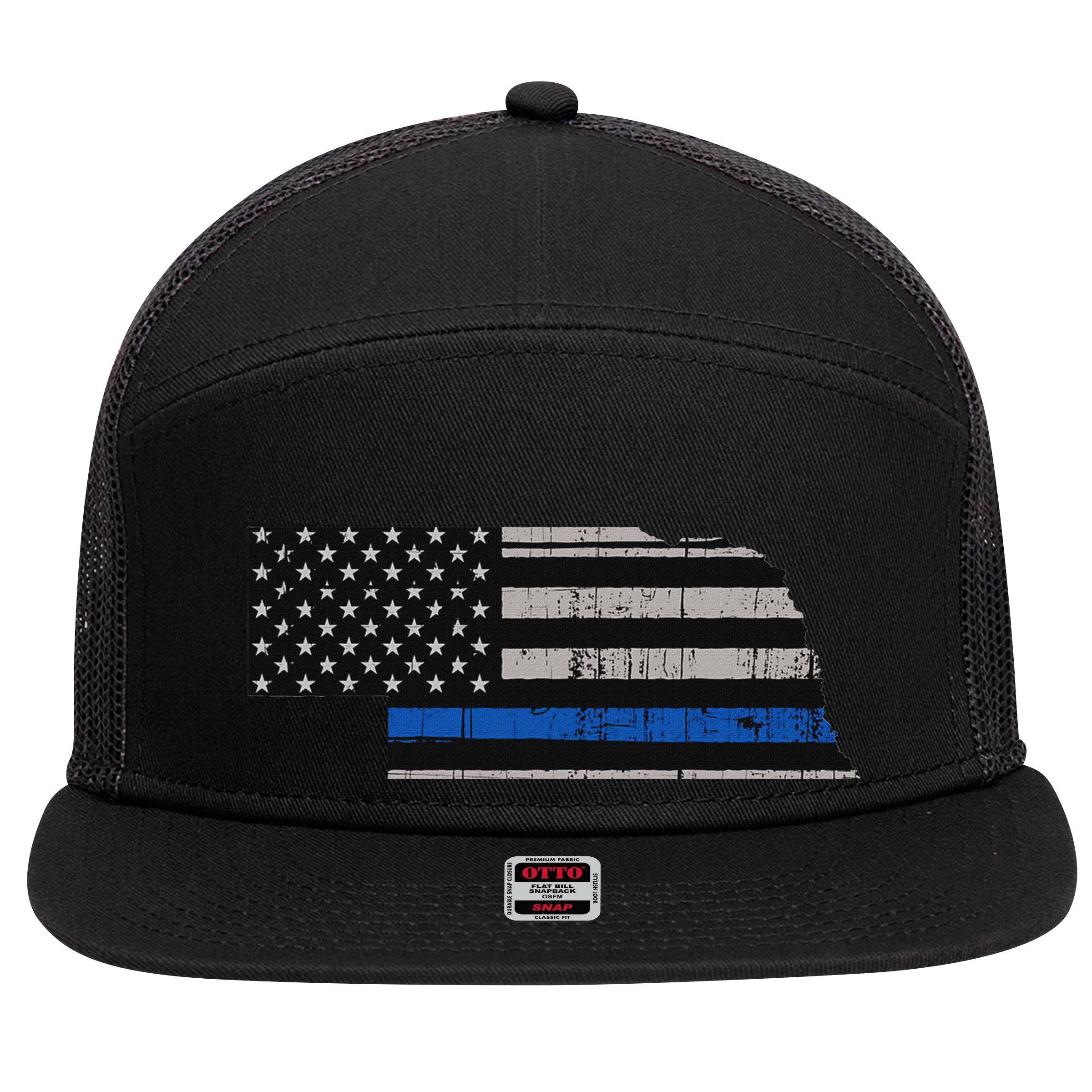 Support Law Enforcement Nebraska Police Officer Blue 7 Panel Mesh Trucker Snapback Hat