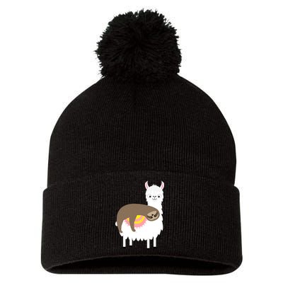 Sleeping Sloth On A Llama  Pom Pom 12in Knit Beanie
