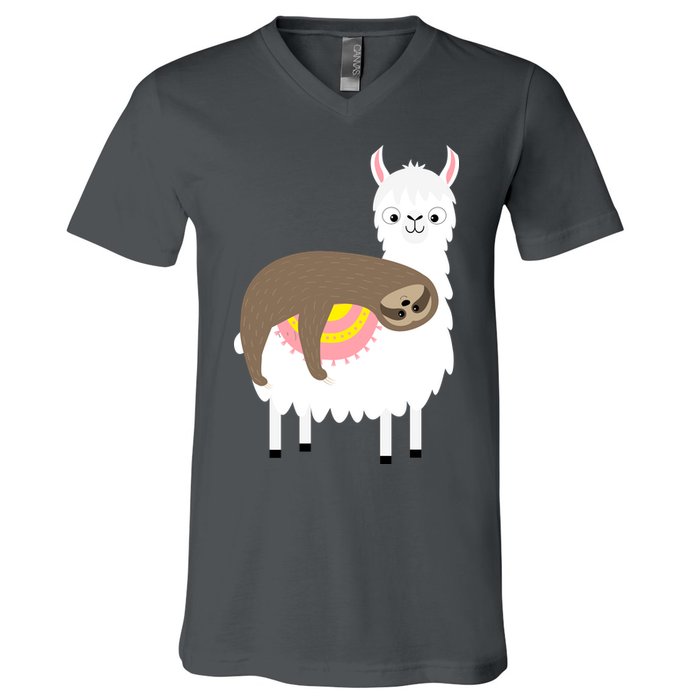 Sleeping Sloth On A Llama  V-Neck T-Shirt