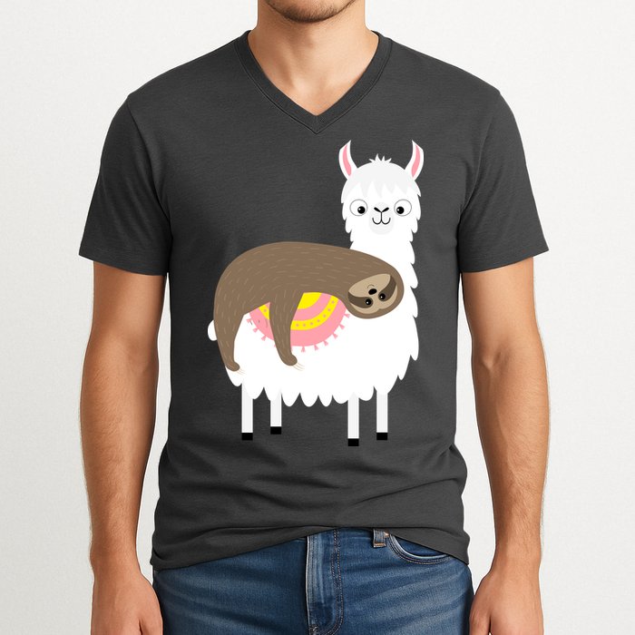 Sleeping Sloth On A Llama  V-Neck T-Shirt