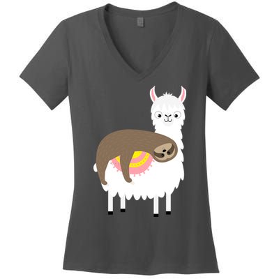 Sleeping Sloth On A Llama  Women's V-Neck T-Shirt