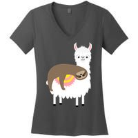 Sleeping Sloth On A Llama  Women's V-Neck T-Shirt