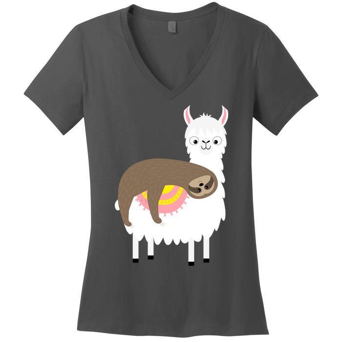 Sleeping Sloth On A Llama  Women's V-Neck T-Shirt