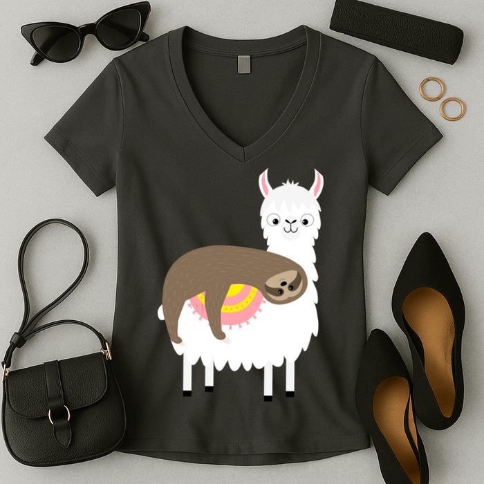 Sleeping Sloth On A Llama  Women's V-Neck T-Shirt