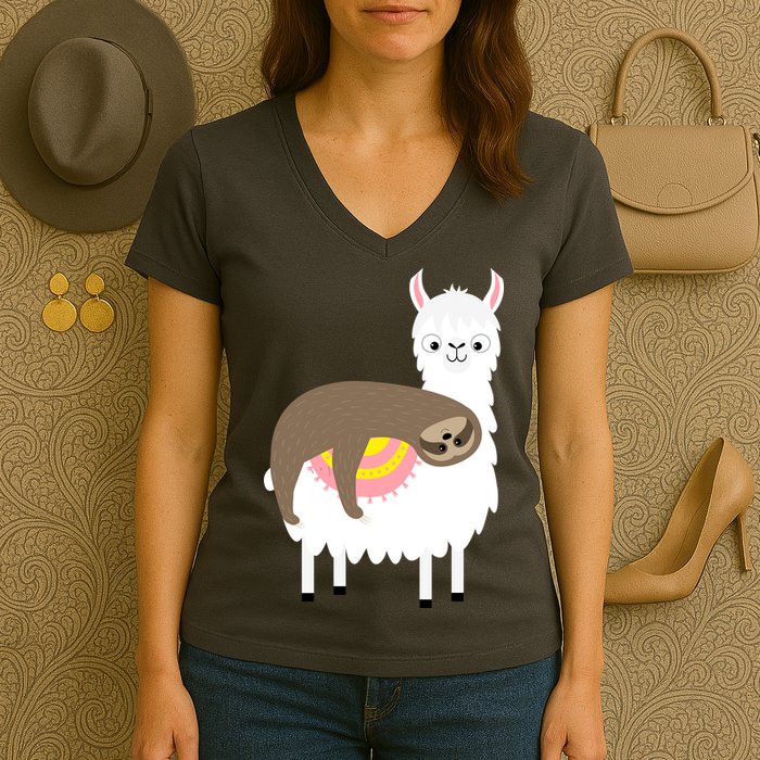 Sleeping Sloth On A Llama  Women's V-Neck T-Shirt